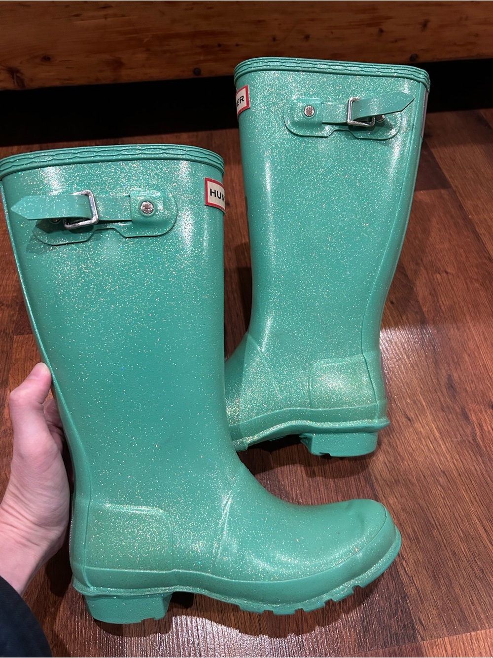 Hunter Original Tall Teal Glitter Rain Boots Big Kids Size 1